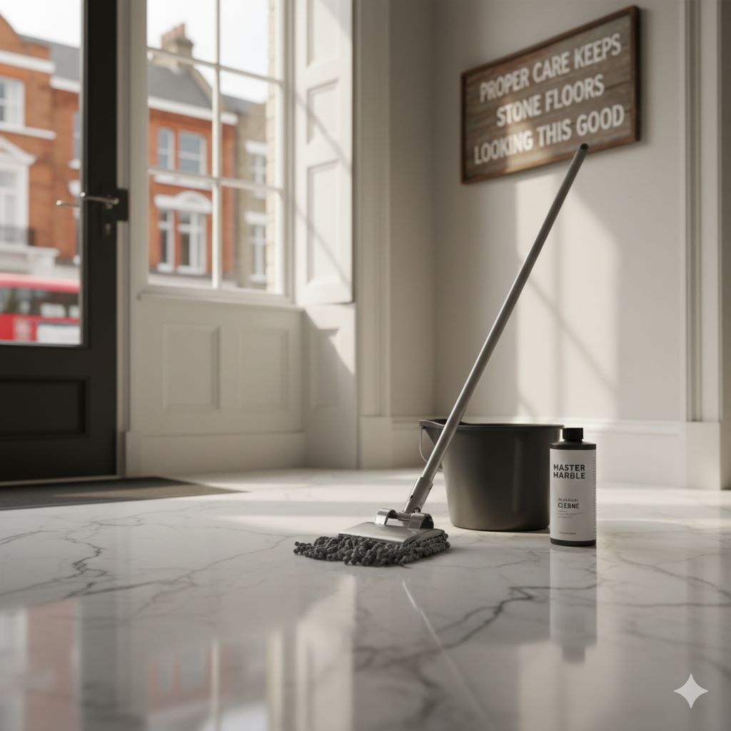 Regular maintenance of natural stone floors in London kitchen using microfibre mop and gentle cleaning
