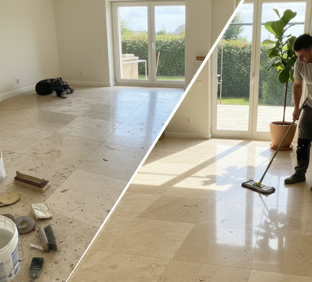 Dull and damaged travertine floor before professional restoration in London home